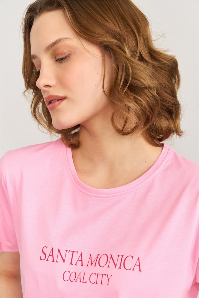 Çetinkaya Fithit 8470 Bayan Bisiklet Yaka 30/1 Compact Penye Süprem Baskılı T-shirt Pembe