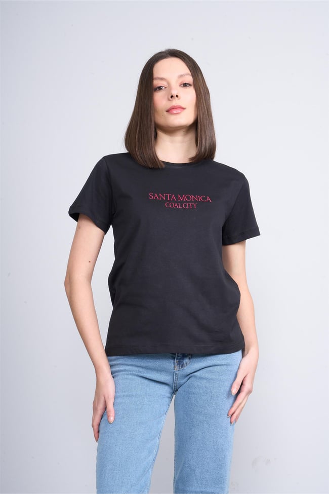 Çetinkaya Fithit 8470 Bayan Bisiklet Yaka 30/1 Compact Penye Süprem Baskılı T-shirt Siyah