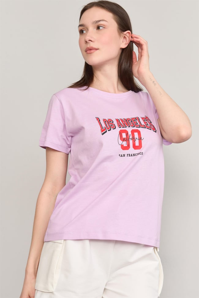 Çetinkaya Fithit 8474 Bayan Bisiklet Yaka 30/1 Compact Penye Süprem Baskılı T-shirt Lila