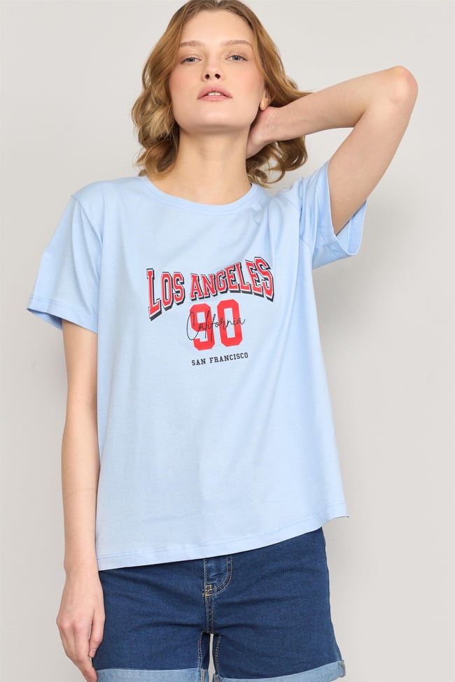 Çetinkaya Fithit 8474 Bayan Bisiklet Yaka 30/1 Compact Penye Süprem Baskılı T-shirt Açık Mavi