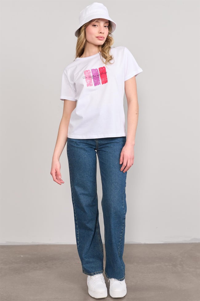Çetinkaya Fithit 8479 Bayan Bisiklet Yaka 30/1 Compact Penye Süprem Baskılı T-shirt Beyaz