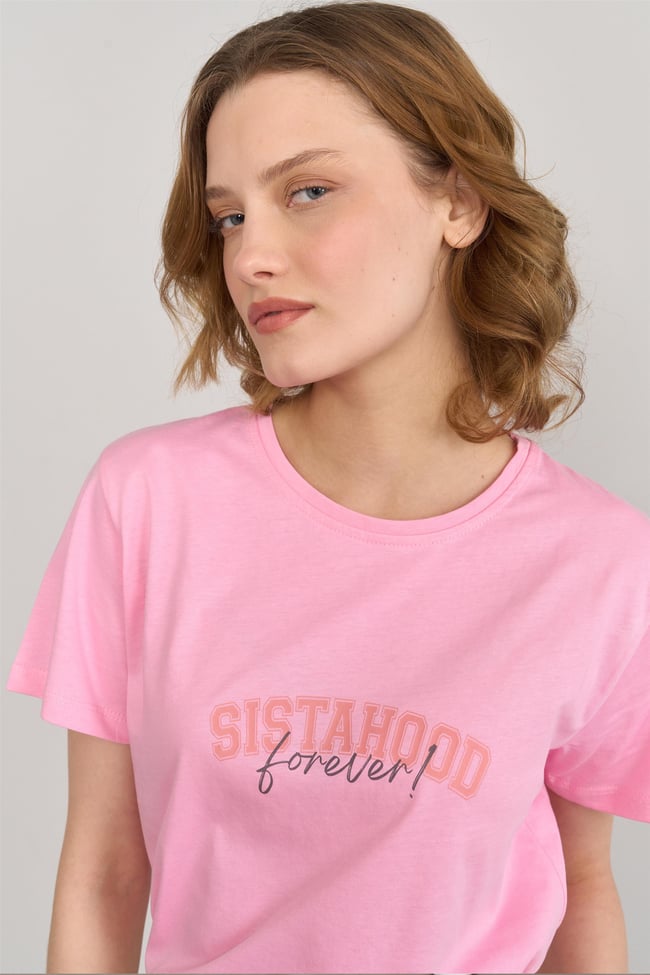 Çetinkaya Fithit 8482 Bayan Bisiklet Yaka 30/1 Compact Penye Süprem Baskılı T-shirt Pembe