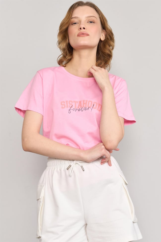 Çetinkaya Fithit 8482 Bayan Bisiklet Yaka 30/1 Compact Penye Süprem Baskılı T-shirt Pembe