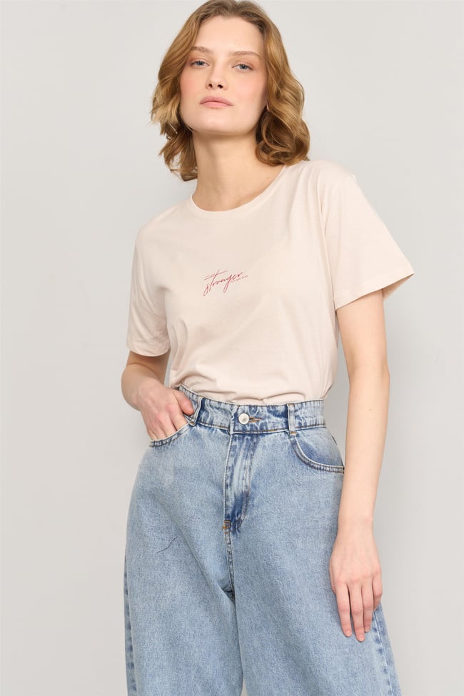 Çetinkaya Fithit 8484 Bayan Bisiklet Yaka 30/1 Compact Penye Süprem Baskılı T-shirt Taş