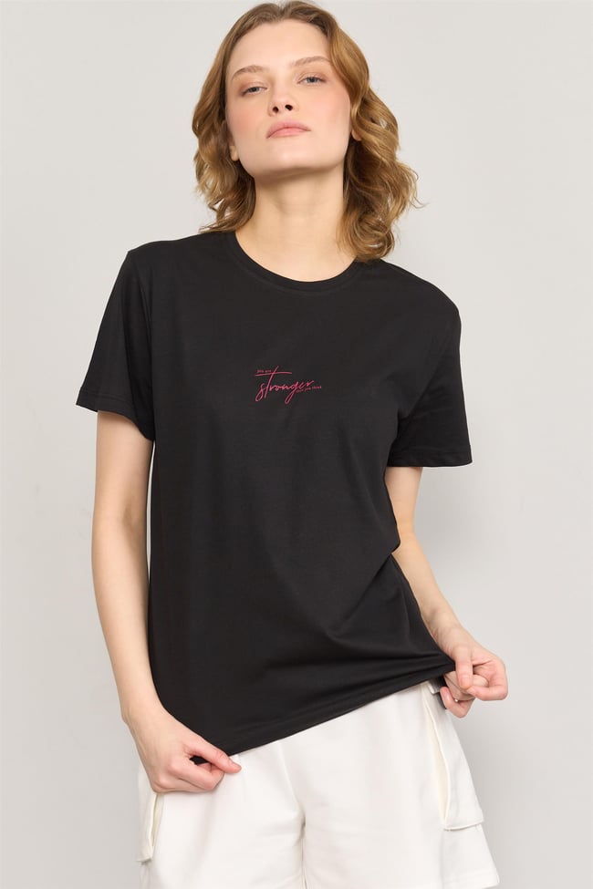 Çetinkaya Fithit 8484 Bayan Bisiklet Yaka 30/1 Compact Penye Süprem Baskılı T-shirt Siyah