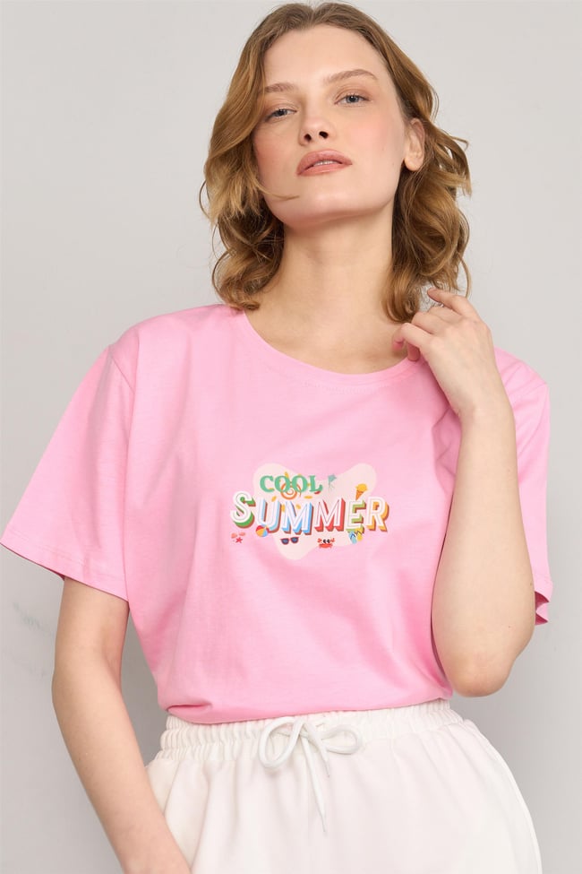 Çetinkaya Fithit 8493 Bayan Bisiklet Yaka 30/1 Compact Penye Süprem Baskılı T-shirt Pembe