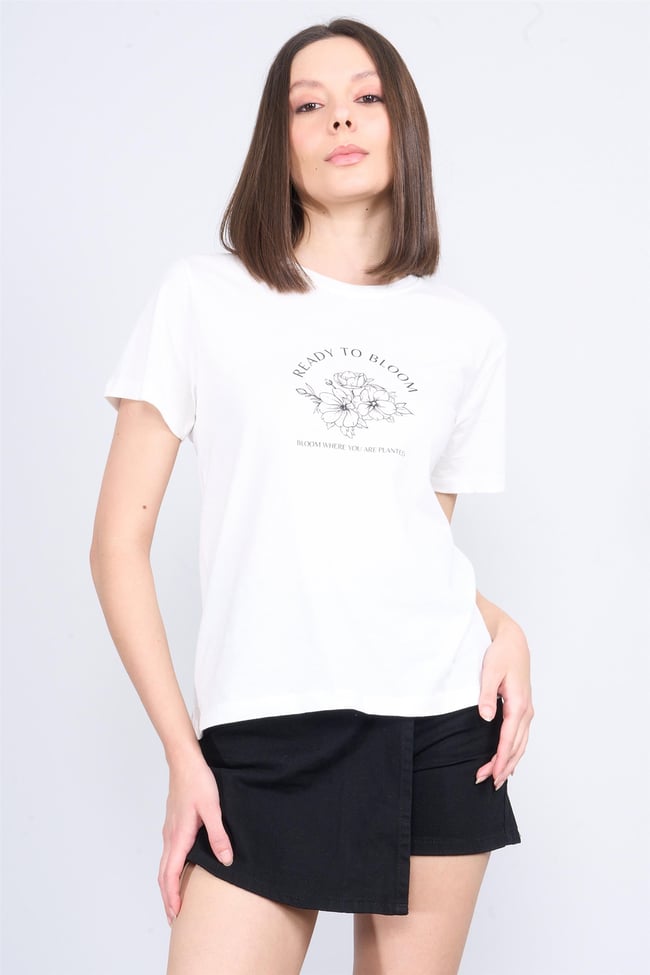 Çetinkaya Fithit 8497 Bayan Bisiklet Yaka 30/1 Compact Penye Süprem Baskılı T-shirt Krem