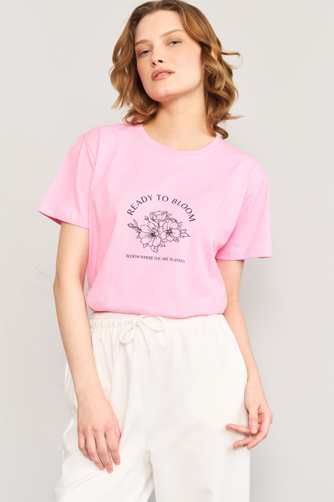 Çetinkaya Fithit 8497 Bayan Bisiklet Yaka 30/1 Compact Penye Süprem Baskılı T-shirt Pembe