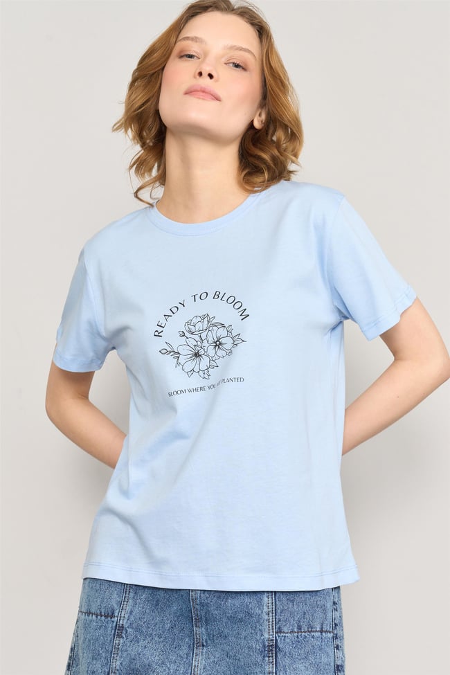 Çetinkaya Fithit 8497 Bayan Bisiklet Yaka 30/1 Compact Penye Süprem Baskılı T-shirt Açık Mavi