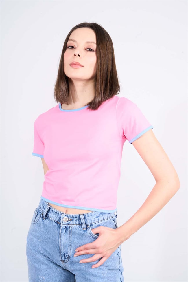 Çetinkaya Fithit 8505 Bayan Bisiklet Yaka 30/1 Likralı Süprem Crop T-shirt Pembe
