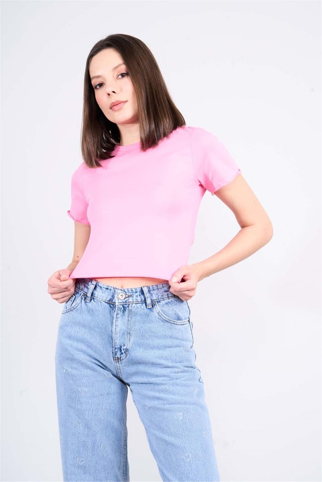 Çetinkaya Fithit 8506 Bayan Bisiklet Yaka 30/1 Likralı Süprem Crop T-shirt Pembe