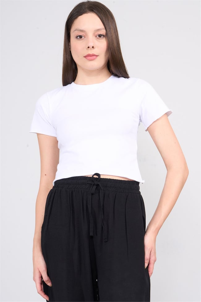 Çetinkaya Fithit 8506 Bayan Bisiklet Yaka 30/1 Likralı Süprem Crop T-shirt Beyaz