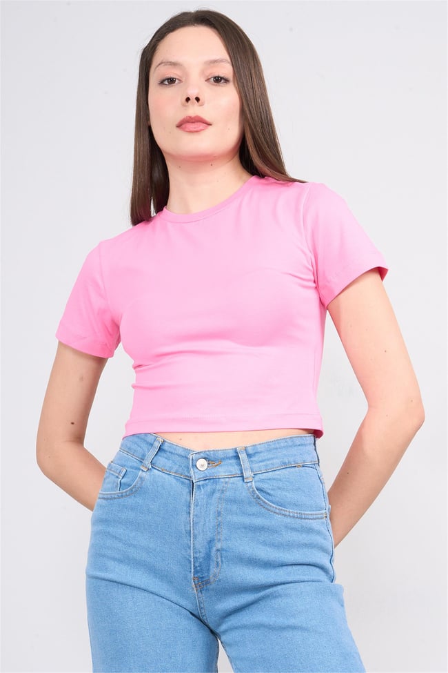 Çetinkaya Fithit 8510 Bayan Bisiklet Yaka 30/1 Likralı Süprem Crop T-shirt Pembe