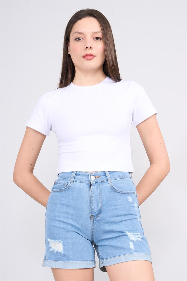 Çetinkaya Fithit 8510 Bayan Bisiklet Yaka 30/1 Likralı Süprem Crop T-shirt Beyaz