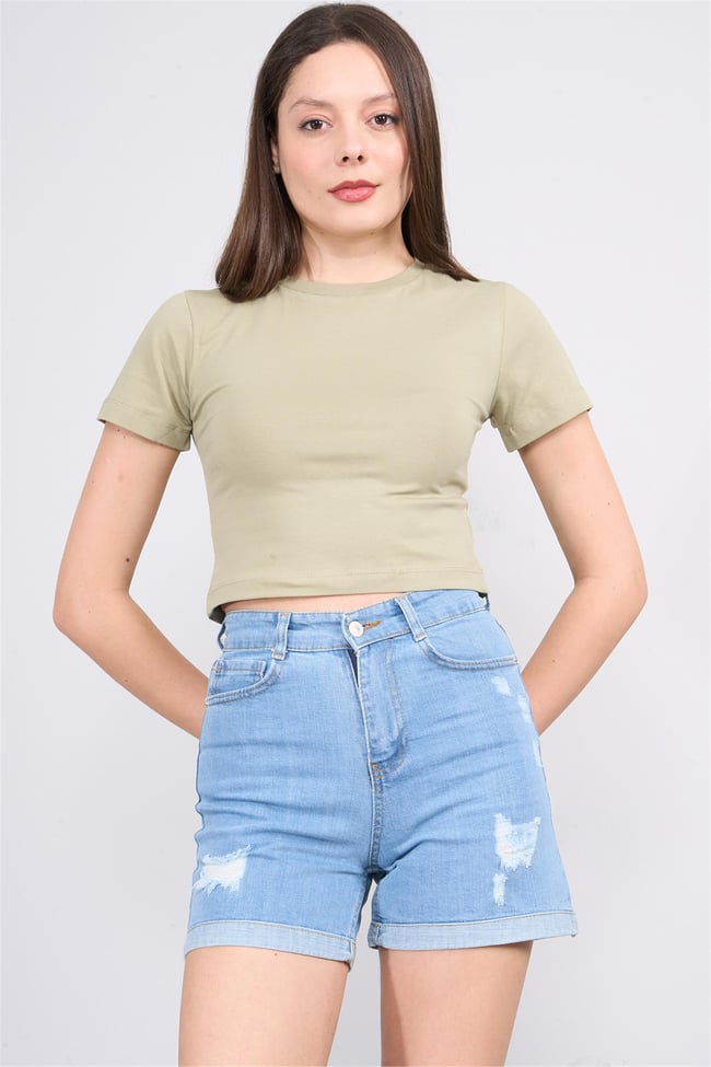 Çetinkaya Fithit 8510 Bayan Bisiklet Yaka 30/1 Likralı Süprem Crop T-shirt Olive