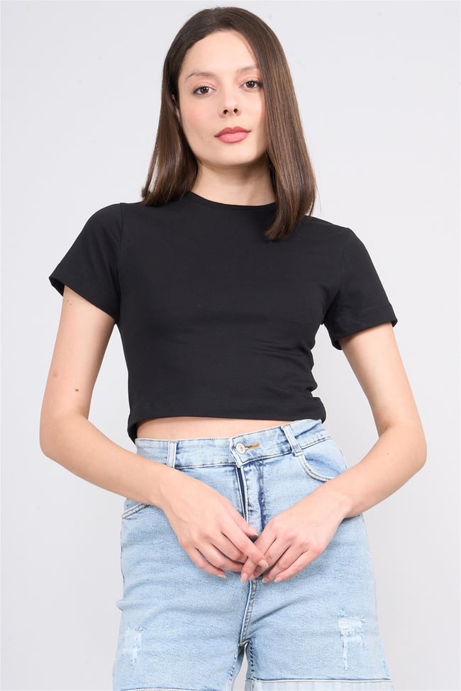 Çetinkaya Fithit 8510 Bayan Bisiklet Yaka 30/1 Likralı Süprem Crop T-shirt Siyah