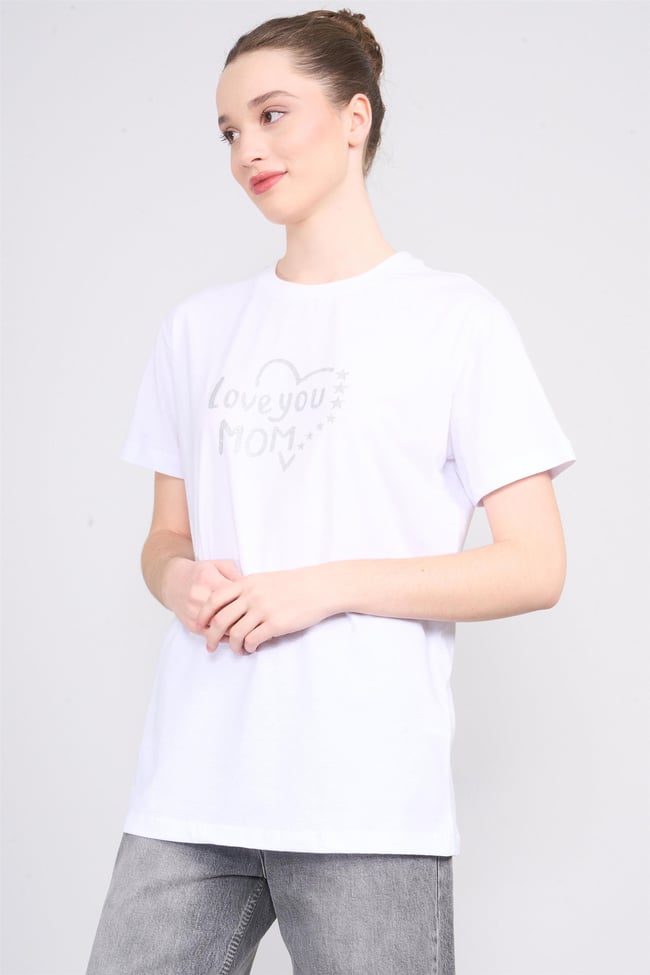 Çetinkaya Fithit 8511 Bayan Bisiklet Yaka 30/1 Penye Baskılı Regular T-shirt Beyaz