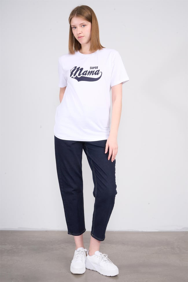 Çetinkaya Fithit 8512 Bayan Bisiklet Yaka 30/1 Penye Baskılı Regular T-shirt Beyaz