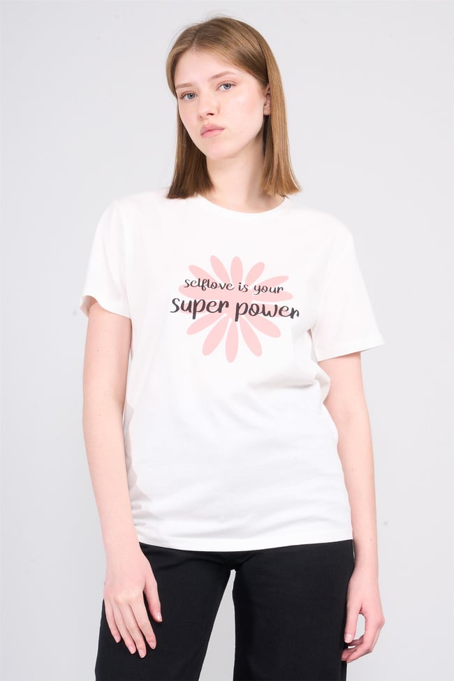 Çetinkaya Fithit 8733  Bayan Bisiklet Yaka Baskılı ıT-shirt Krem