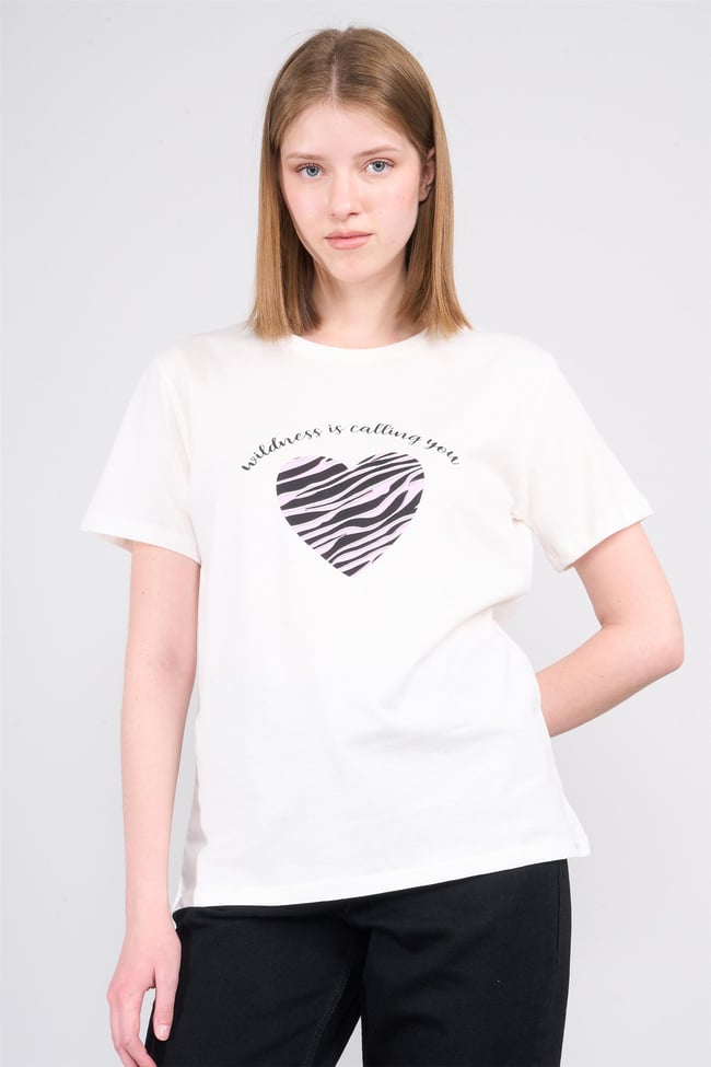 Çetinkaya Fithit 8734 Bayan Bisiklet Yaka Baskılı ıT-shirt Krem