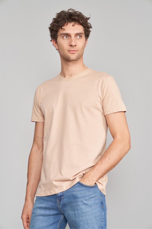 Çetinkaya Mentality 2772 Erkek V Yaka Basic T-Shirt Camel %100 Pamuk