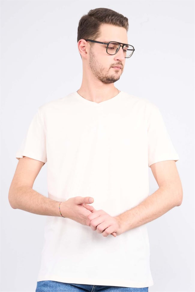 Çetinkaya Mentality 2772V -S V Yaka Basic T-Shirt  Krem