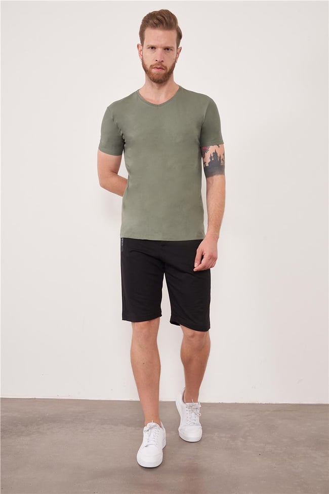 Çetinkaya Mentality 2772V V Yaka Açık Basic Haki T-Shirt