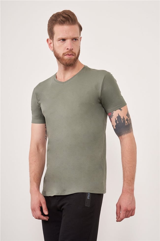 Çetinkaya Mentality 2772V V Yaka Açık Basic Haki T-Shirt