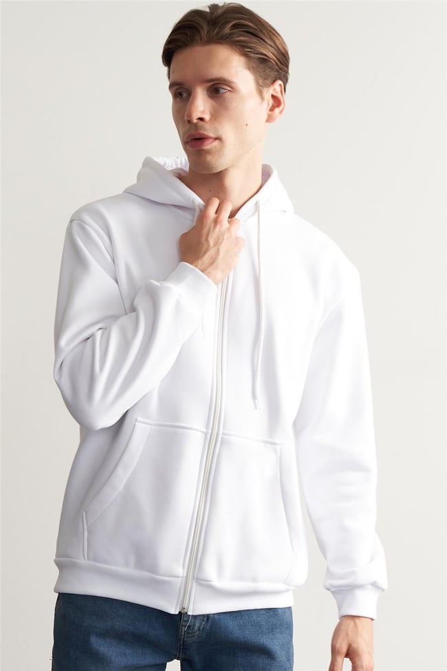 Çetinkaya Mentality 3034 3 İp Kapşonlu Fermuarlı Beyaz Sweatshirt