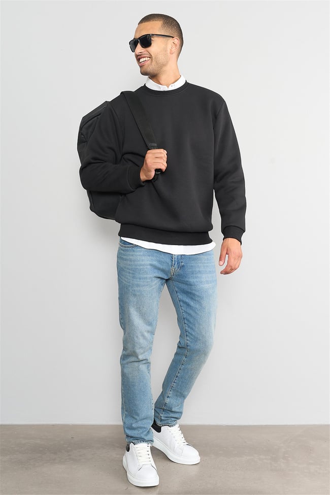 Çetinkaya Mentality 3036 3 İp Bisiklet Yaka Siyah Sweatshirt