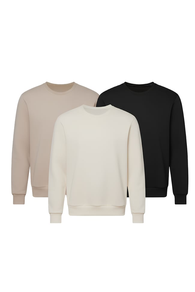 Çetinkaya Mentality 3036 3 İplik Bisiklet Yaka Krem 3'lü Sweatshirt Seti Siyah-Krem-Taş