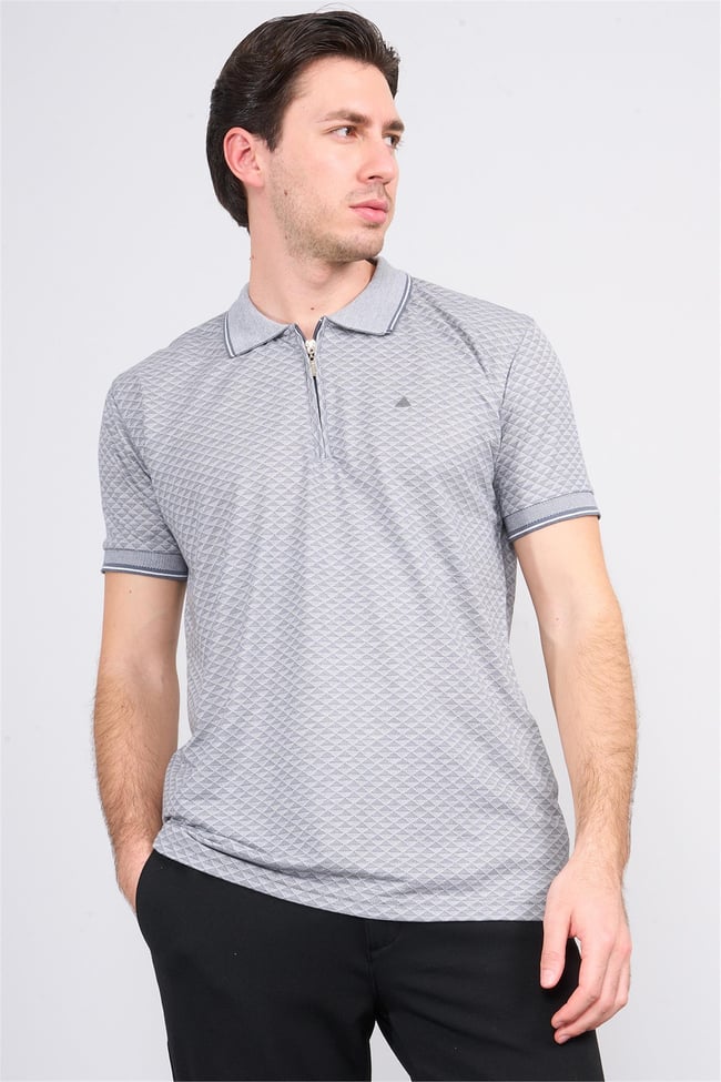 Çetinkaya Mentality 3366 Erkek Fermuarlı Polo Yaka Jakarlı T-Shirt Gri- Beyaz