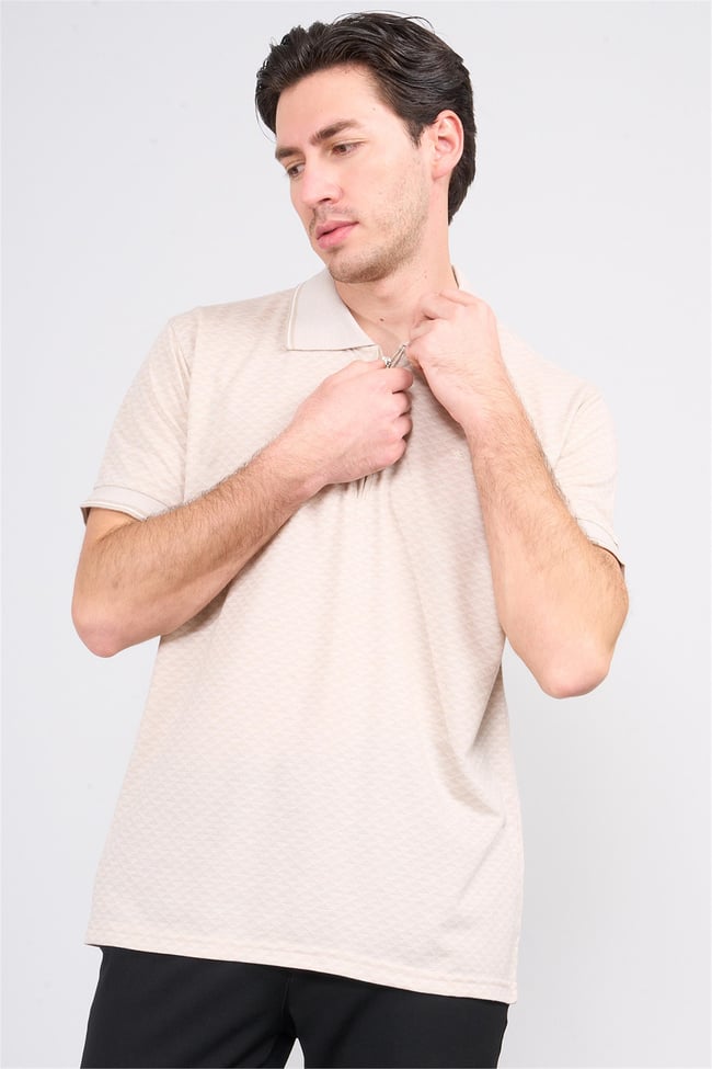 Çetinkaya Mentality 3366 Erkek Fermuarlı Polo Yaka Jakarlı T-Shirt Bej - Beyaz