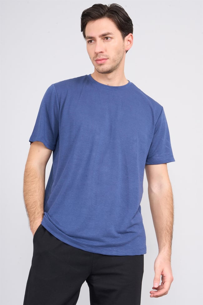 Çetinkaya Mentality 3391 Erkek Bisiklet Yaka Regular Ottoman T-Shirt İndigo
