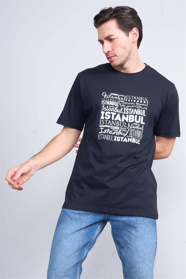 Çetinkaya Mentality 3400 Erkek Bisiklet Yaka Regular Baskılı T-Shirt Siyah