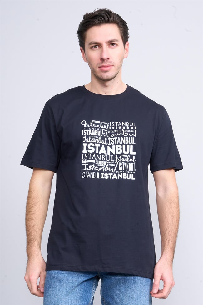 Çetinkaya Mentality 3400 Erkek Bisiklet Yaka Regular Baskılı T-Shirt Lacivert