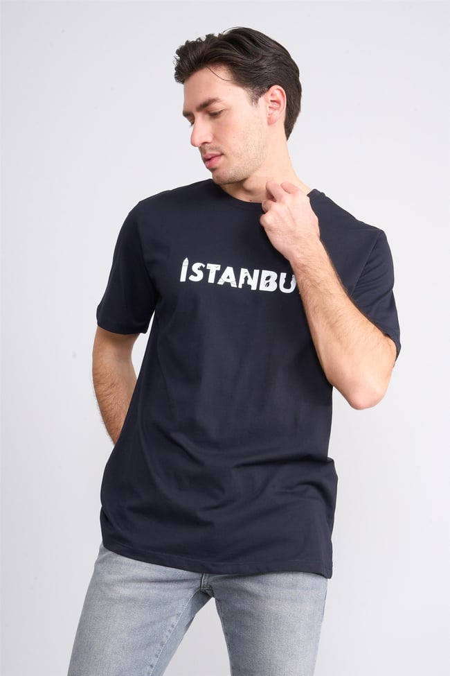 Çetinkaya Mentality 3401 Erkek Bisiklet Yaka Regular Baskılı T-Shirt Lacivert
