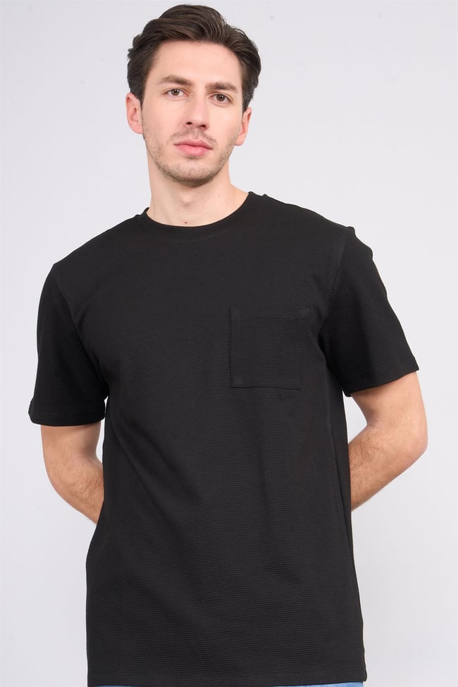 Çetinkaya Mentality 3414 Bisiklet Yaka Petek Örme Regular Cepli T-shirt Siyah