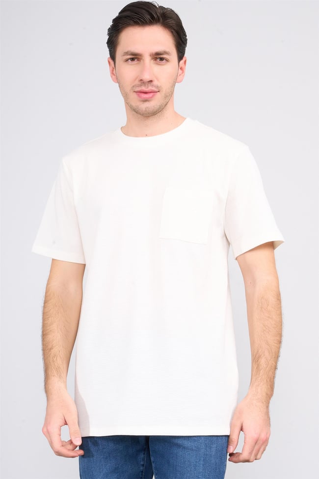 Çetinkaya Mentality 3414 Bisiklet Yaka Petek Örme Regular Cepli T-shirt Krem