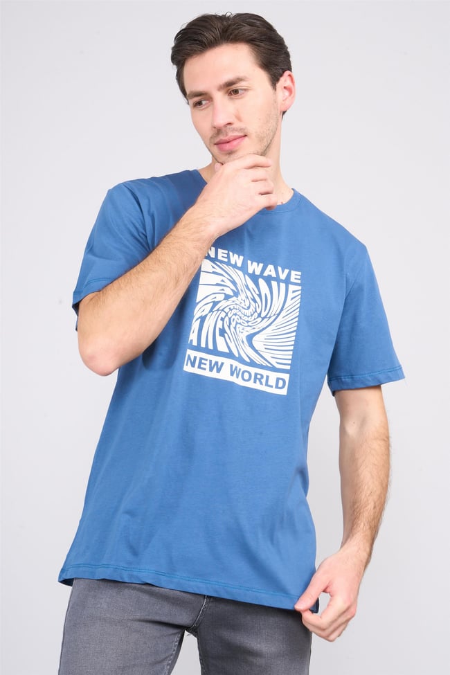 Çetinkaya Mentality 3698 Bisiklet Yaka Penye Regular Baskılı T-shirt İndigo