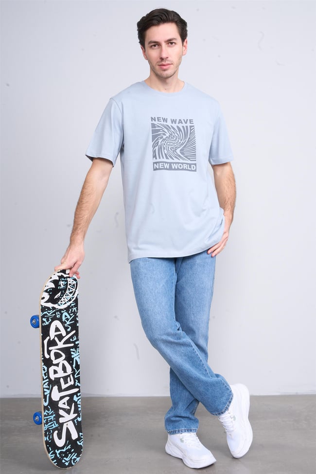 Çetinkaya Mentality 3698 Bisiklet Yaka Penye Regular Baskılı T-shirt Açık Gri