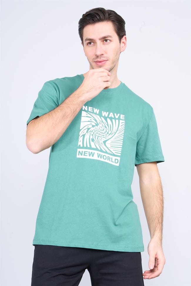 Çetinkaya Mentality 3698 Bisiklet Yaka Penye Regular Baskılı T-shirt Eski Yeşil