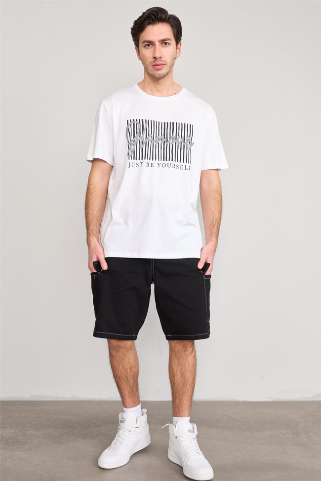 Çetinkaya Mentality 3699 Bisiklet Yaka Penye Regular Baskılı Tshirt Beyaz
