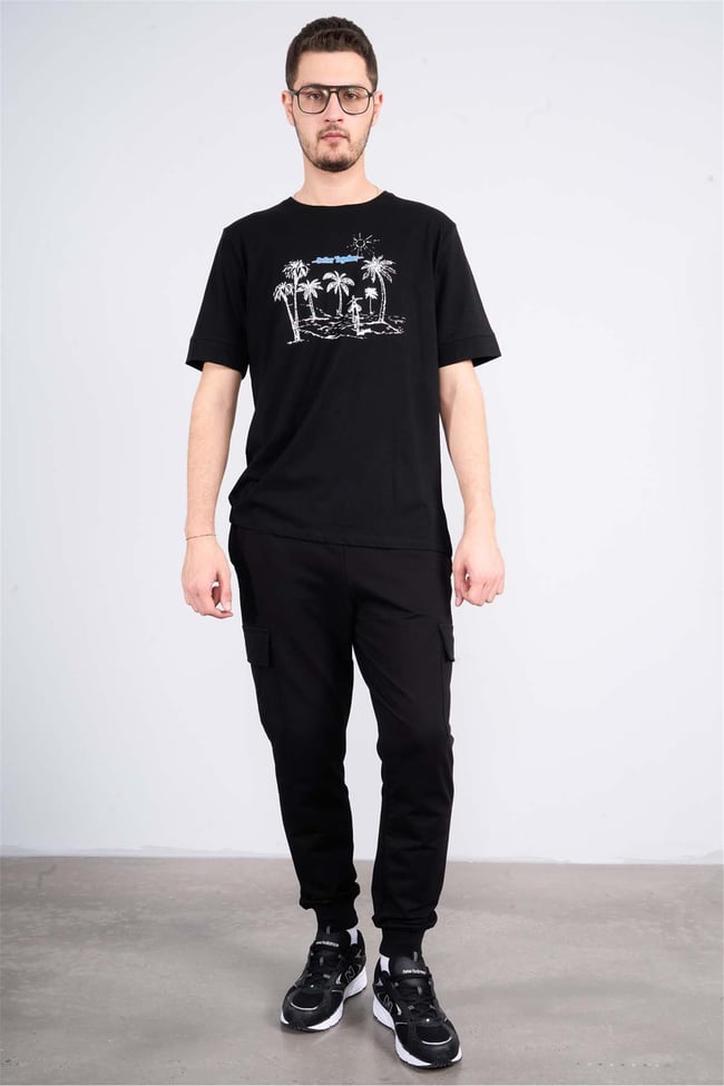 Çetinkaya Mentality 3703 B Yaka Regular Baskılı T-Shirt Siyah