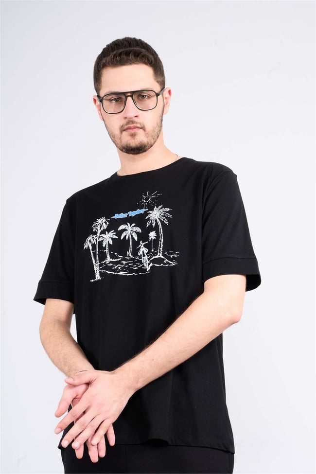Çetinkaya Mentality 3703 B Yaka Regular Baskılı T-Shirt Siyah