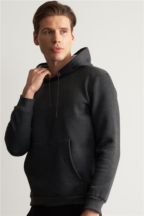 Çetinkaya Mentality 3706 Erkek Kapüşonlu Kanguru Cepli Rejenere Antrasitmelanj Sweatshirt