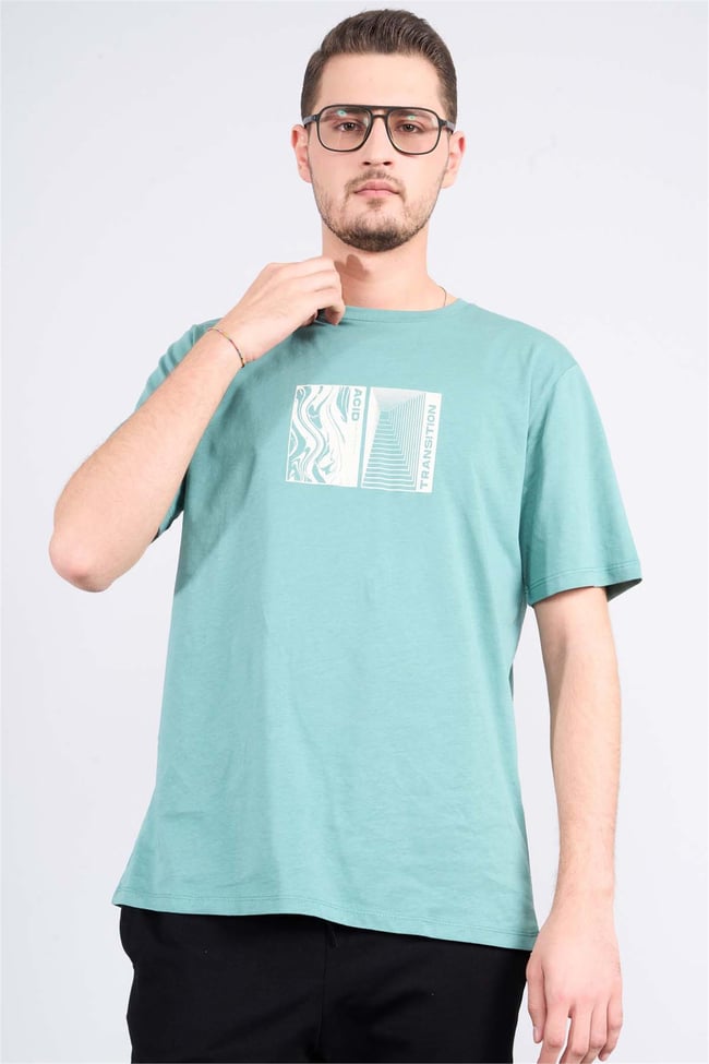 Çetinkaya Mentality 3719 Bisiklet Yaka Penye Regular Baskılı T-shirt Mavi Yeşil