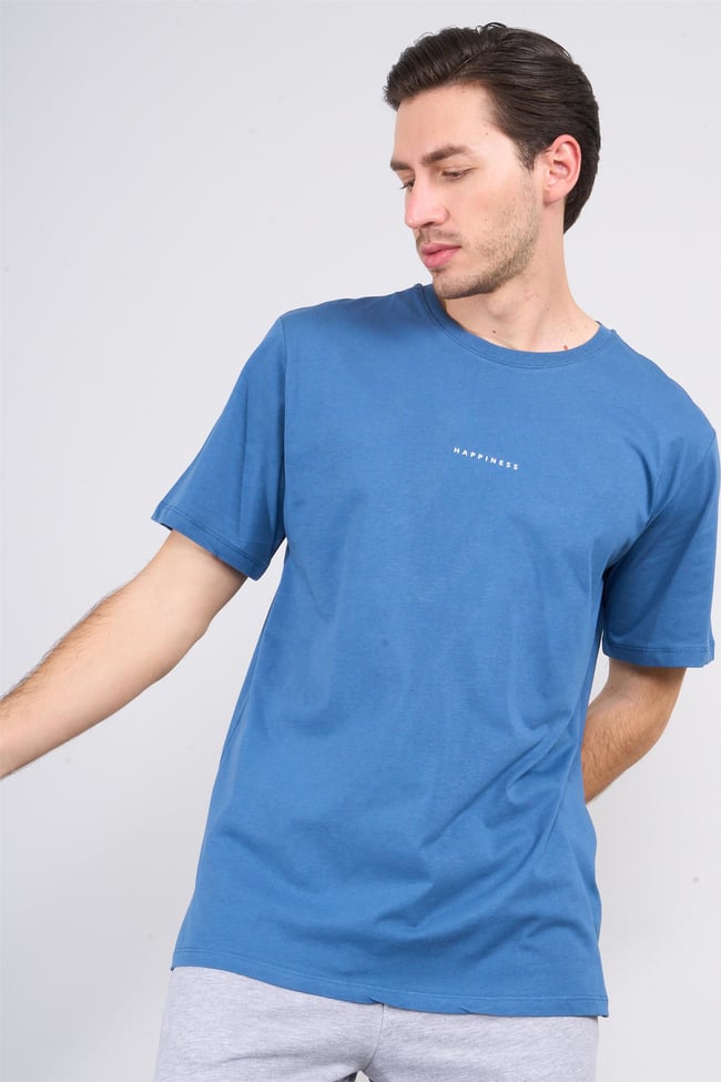 Çetinkaya Mentality 3720 Bisiklet Yaka 30/1 Penye Regular Baskılı T-shirt İndigo
