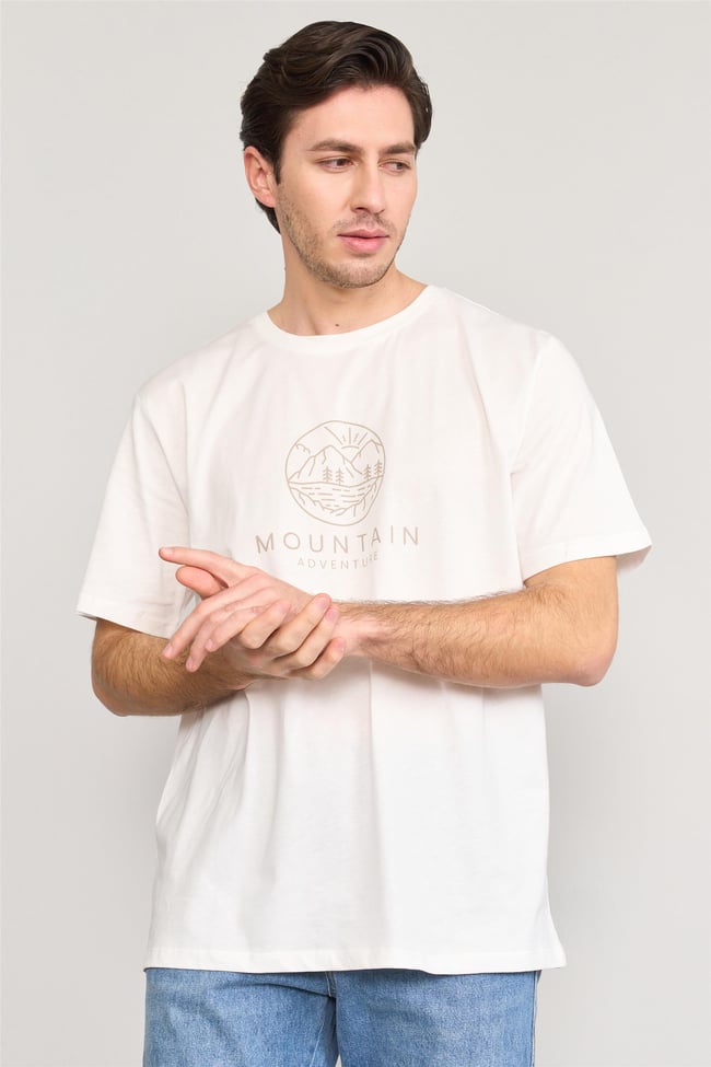 Çetinkaya Mentality 3721 Bisiklet Yaka Penye Regular Baskılı Tshirt Krem