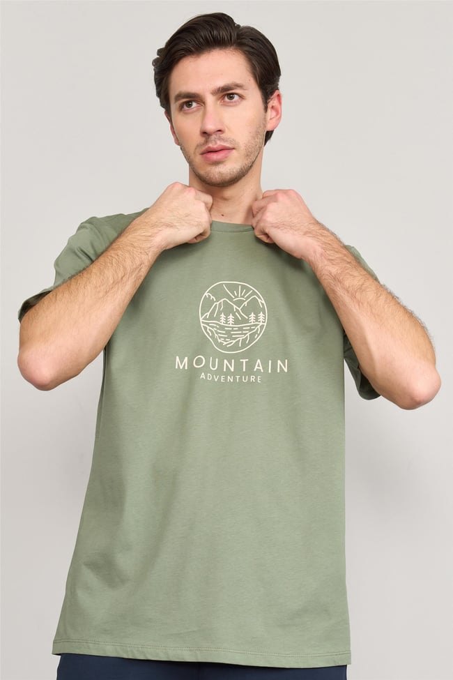 Çetinkaya Mentality 3736 Bisiklet Yaka Penye Regular Baskılı Tshirt Haki
